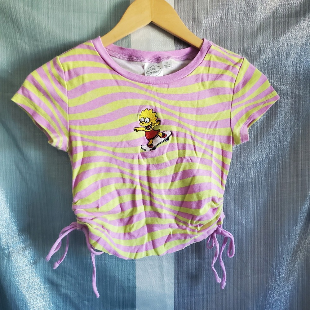 The Simpsons Lisa Simpson Skateboard Pink Green Wavy‎ Stripe Ruched Crop Top XS